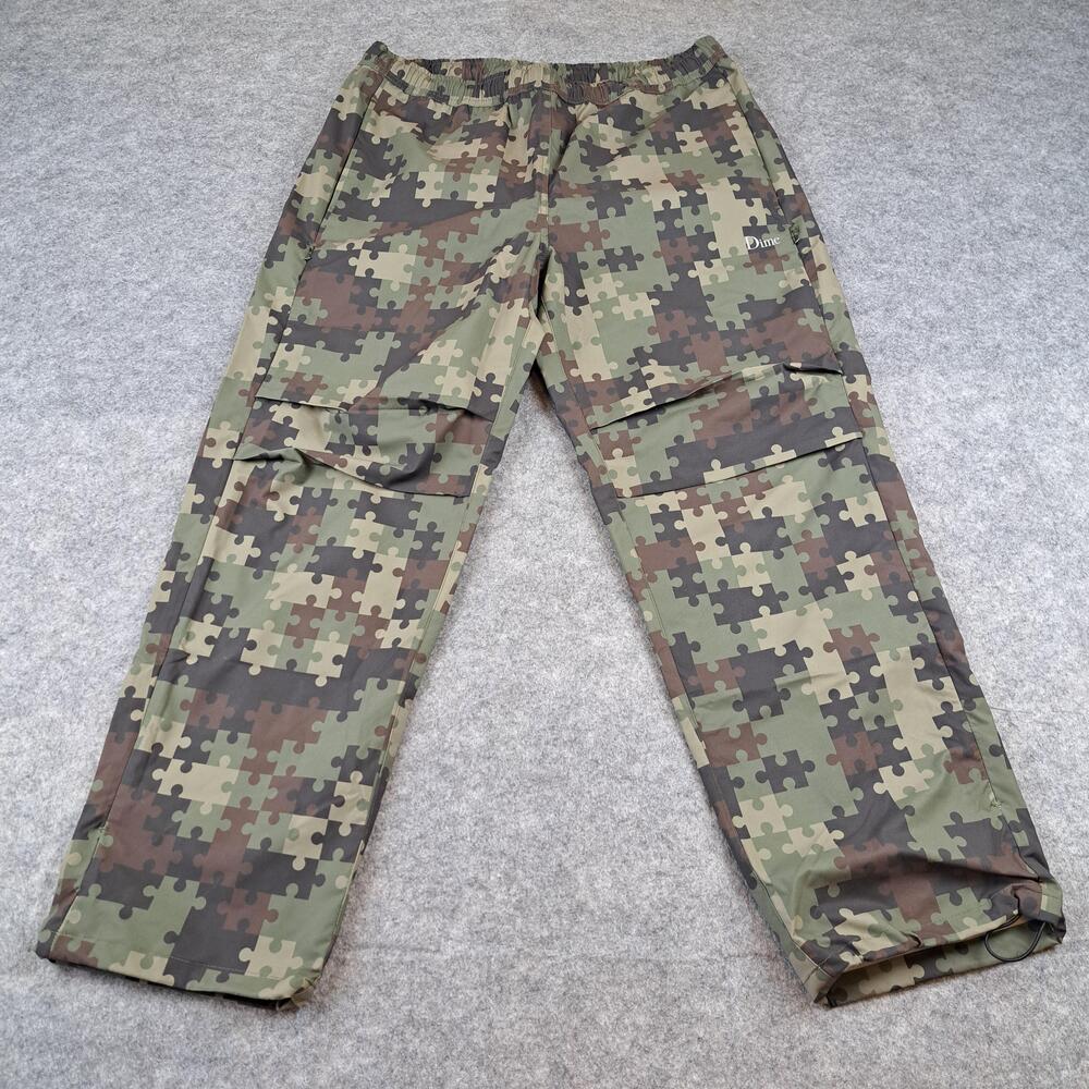 Dime Pants Mens Large Green Brown Puzzle Camo Track Zip Pockets Skate Outdoors